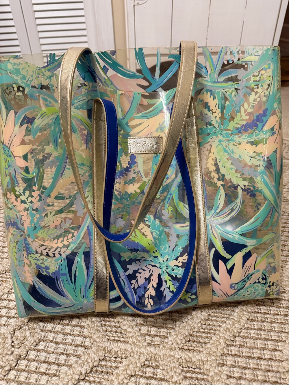 Lilly Pulitzer Gold-Trimmed Floral Clear Tote - Blue/Teal Sweet Escape pattern